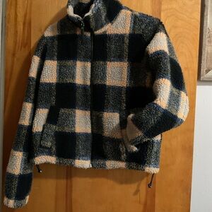 Plaid Sherpa Zip-Up Jacket in Navy and Cream